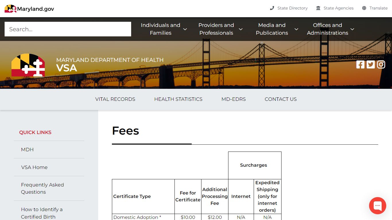 Maryland Department of Health fees