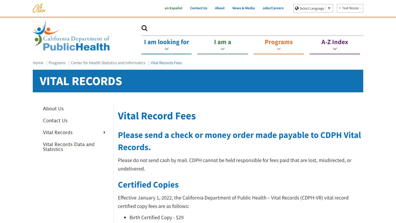 Vital Records Fees - California